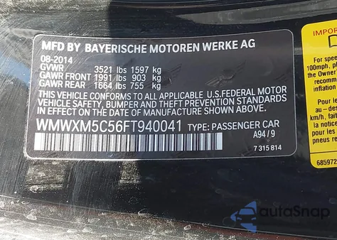 2015 Mini Hardtop Cooper из США, поврежденный, VIN WMWXM5C56FT940041